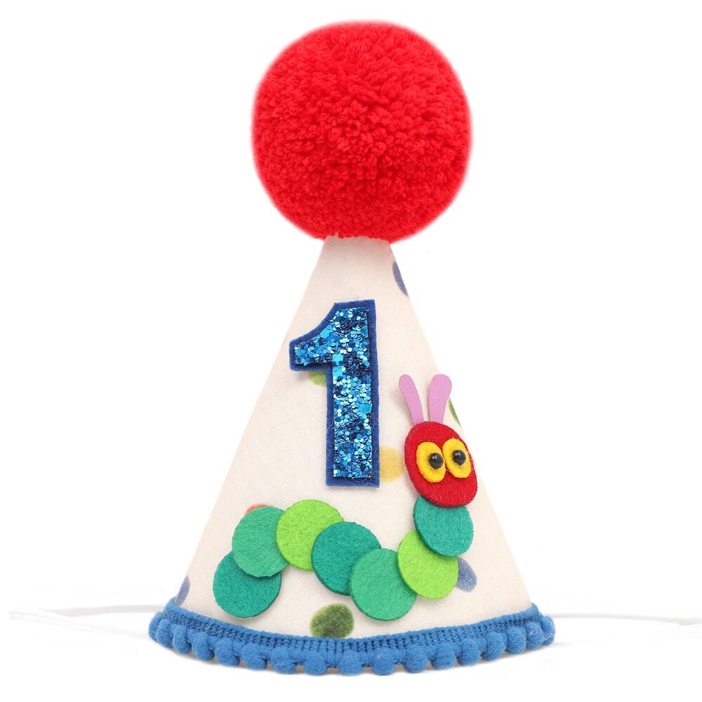 2974 First Birthday Party Hat with Caterpillar Design, White Cone with Red